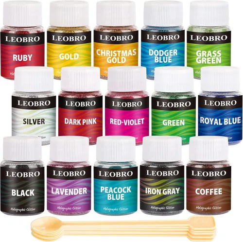 LEOBRO Purpurina fina holográfica, 15 colores para manualidades, resina, joyería, manualidades, cuerpo de uñas, con 10 cucharas para remover