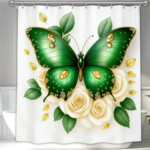 Miniatura 3 de Cortina de ducha de mariposas Dreamrflove, 1 unidad de cortinas de ducha de mariposas para baño, cortina de ducha floral de mariposas verde, cortina