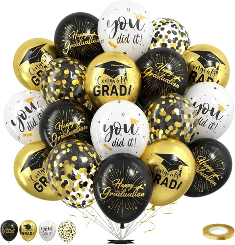 Globos de Graduación 2025, 50 Piezas Globos de Graduación Negro Dorado de 12 Pulgadas para Suministros de Decoración de Fiesta de Graduación