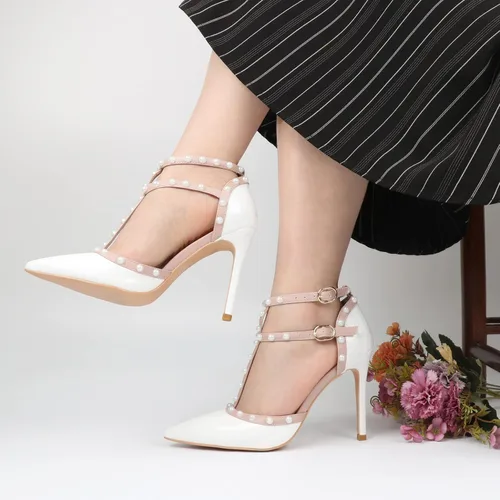 Miniatura 5 de Tacones con correa de tobillo para mujer, remaches redondos dorados, correa en T, sandalias de boda