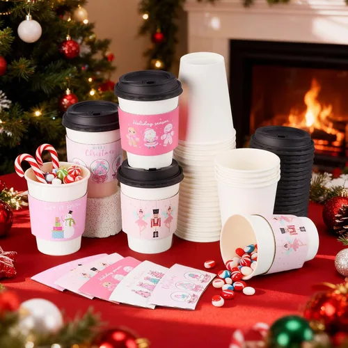 Miniatura 4 de Yungyan Paquete de 50 tazas de café desechables de Navidad de 12 onzas con tapas y mangas, tazas de chocolate caliente de papel, suministros