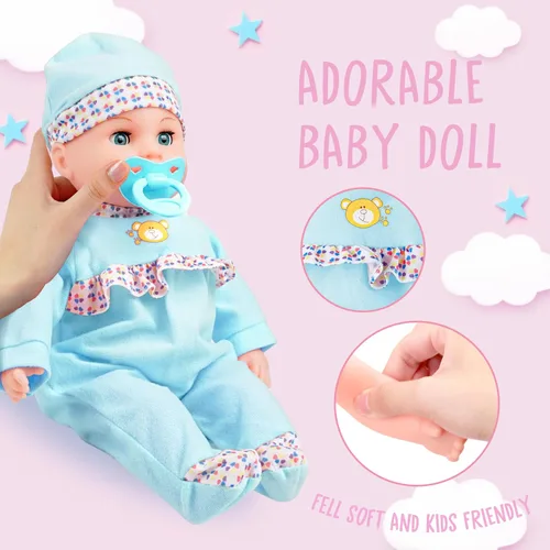 Miniatura 5 de Toy Choi's Muñeca de bebé interactiva de 16 pulgadas, color azul, muñecas de alimentación que lloran y hablan con diferentes sonidos y accesorios