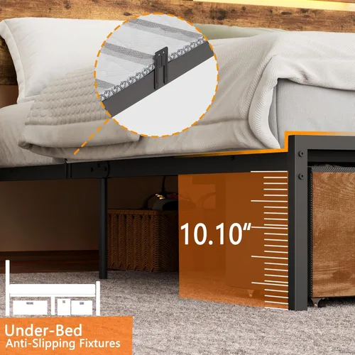 Miniatura 8 de Forestell Base de cama Queen con cabecera de madera, cama de plataforma de metal con 2 cajones de almacenamiento y estante, estación de carga Marrón