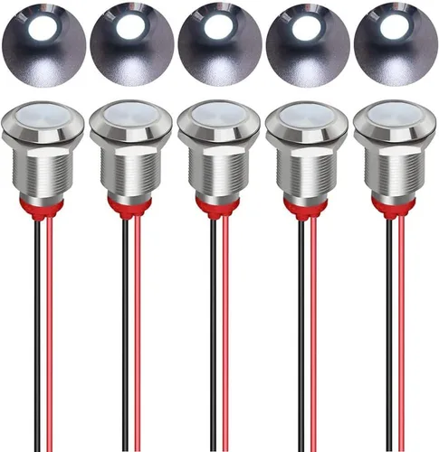 Miniatura 22 de Gebildet 5 unids 0.472 in AC/DC 12-24V LED indicador de metal luz impermeable señal lámpara piloto Dash direccional coche camión barco con alambre