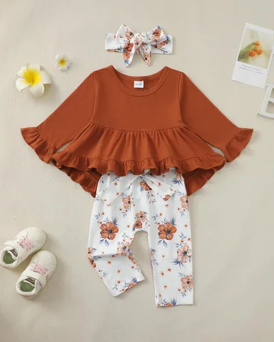 Miniatura 126 de Kucnuzki Conjunto de ropa para bebé niña pequeña, camisa de manga con volantes, pantalón floral, ropa de otoño e invierno para niña