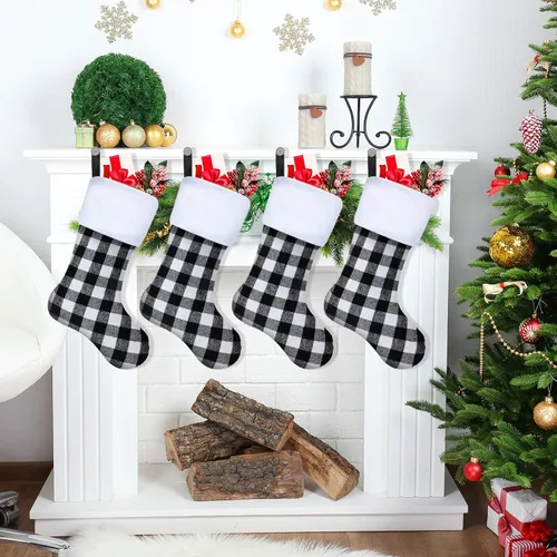 Miniatura 4 de Skylety - Calcetines de Navidad de 20” con tela a cuadros, piel sintética, para colgar en chimeneas, fiestas de Navidad en familia