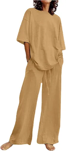 Miniatura 10 de Conjuntos de verano de 2 piezas para mujer, conjuntos elegantes y casuales de color liso, para verano, otoño, cuello redondo, tops y pantalones