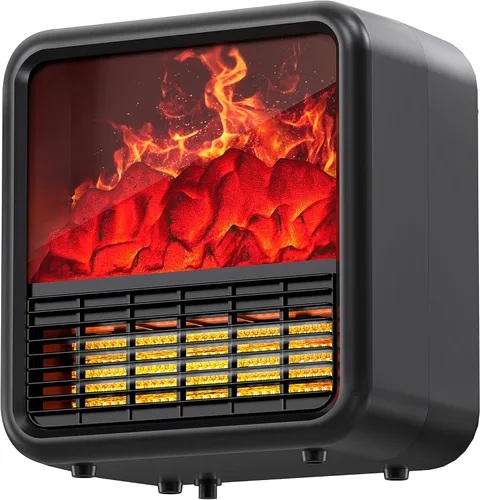 Riseon Calentador de chimenea pequeño para uso interior con llama 3D realista, calentador de espacio con termostato, calefacción cerámica PTC de