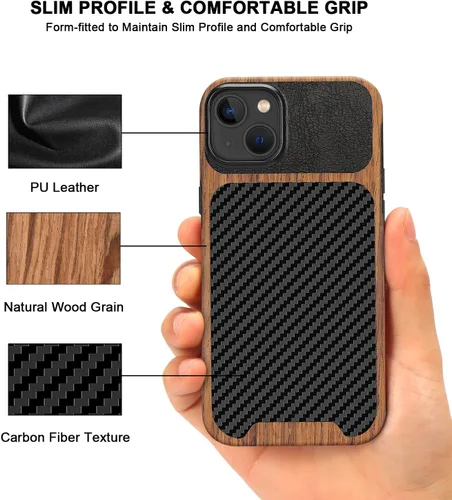 Miniatura 3 de TENDLIN Funda Magnética Compatible con iPhone 14 Plus Funda de Madera con Textura de Fibra de Carbono Diseño Híbrido de Cuero Cubierta Delgada Negro