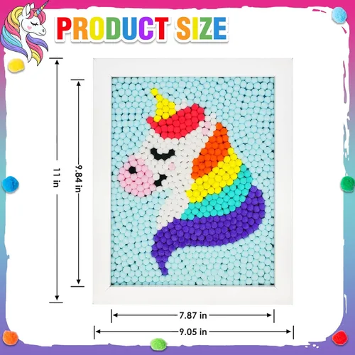 Miniatura 3 de Kit de Arte de Pintura de Pompones de Unicornio Funto, Más de 1100 Pompones, Lienzo y Marco Resistente para Decoración del Hogar, Manualidades