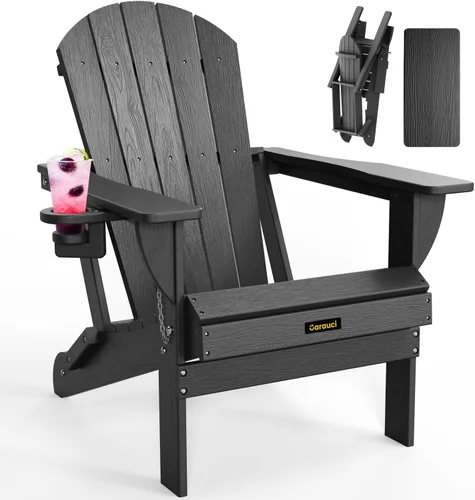 Miniatura 38 de Silla Adirondack Plegable, Sillas Adirondack de Plástico con Textura de Madera con 2 Portavasos, Silla para Hoguera de HDPE Resistente a