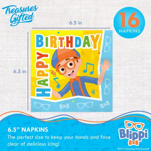 Miniatura 2 de Treasures Gifted Servilletas de fiesta Blippi con licencia oficial, paquete de 16 servilletas Blippi, suministros para fiesta de cumpleaños