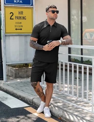 Miniatura 3 de URRU Conjunto de camisa polo y pantalones cortos para hombre, trajes de verano casuales de manga corta para hombre, conjunto de 2 piezas