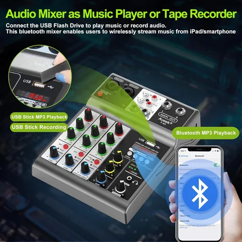 Miniatura 5 de Mezclador de audio profesional Aveek, consola de mezcla de placa de sonido con 4 canales digitales USB Bluetooth, efecto de eco y retardo, entrada