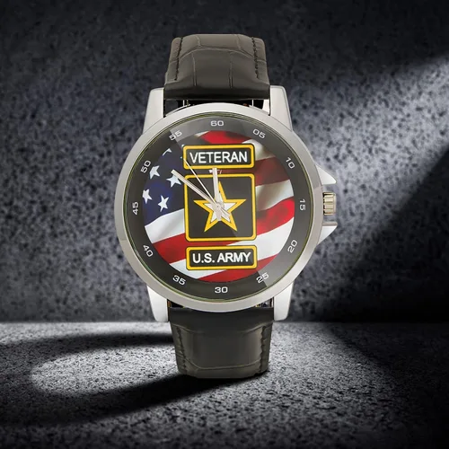 Miniatura 4 de Diseño especial Militar Ejército de los Estados Unidos Veterano y Bandera Americana Personalizada Unisex Acero Inoxidable Correa de Cuero Reloj Caja