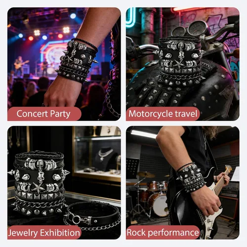Miniatura 6 de Juego de 4 pulseras góticas para hombres y mujeres, pulseras de cuero con tachuelas punk rock, traje rockero de los años 80 para hombres y mujeres