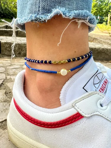 Miniatura 39 de Made by Nami Tobillera bohemia para surfista, impermeable y ajustable, con cuentas para mujer, hecha de cuerda de algodón encerado y cuentas