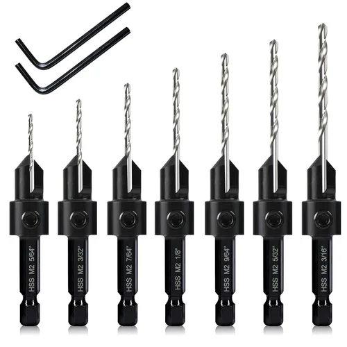 Miniatura 9 de Juego de brocas avellanadas de 5 piezas, brocas de perforación avellanada 3 en 1 para carpintería para tornillos #6 8 10 12 16, brocas piloto M2