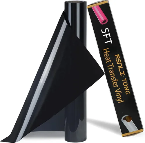 RENLITONG - Rollo de vinilo negro para planchar de 12 pulgadas x 5 pies, vinilo HTV fácil de cortar y desmalezar para diseño de camisetas
