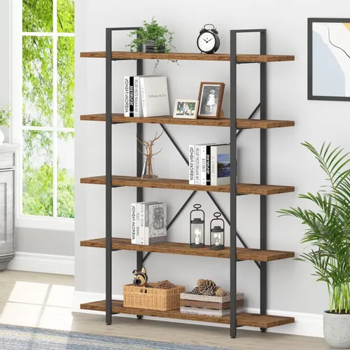 Miniatura 20 de HSH Estantería negra de 5 niveles de alto, estante de almacenamiento de madera y metal, estantería industrial moderna Etagere de 5 estantes, estante