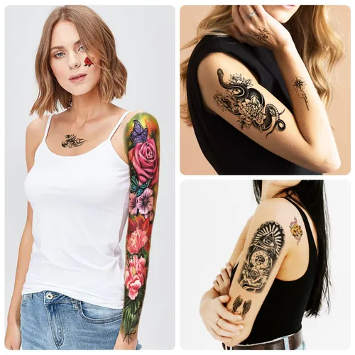 Miniatura 5 de 55 hojas de tatuajes temporales para hombres y mujeres, 8 tatuajes falsos de brazo completo, 17 tatuajes de flores de calavera falsa de medio brazo