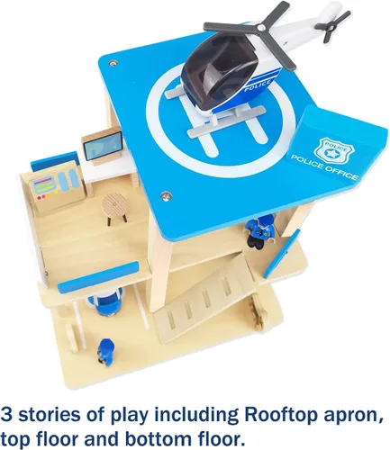 Miniatura 4 de Juego de juguete de estación de policía de madera, set de casa de muñecas de juego de simulación multicolor de 3 niveles con figuras, coche