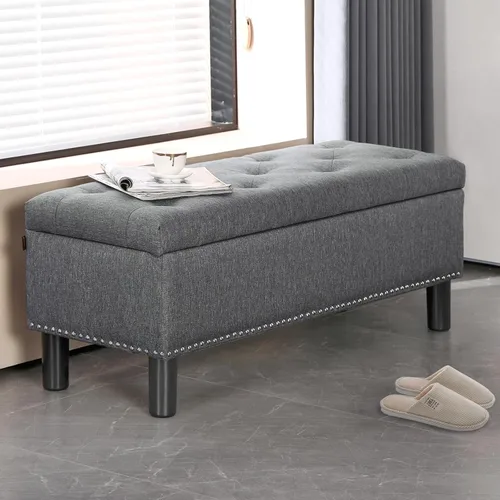 Miniatura 10 de Furnimart Banco otomano de almacenamiento de 42.5 pulgadas, banco de almacenamiento tapizado para dormitorio, entrada, sala de estar, lino copetudo