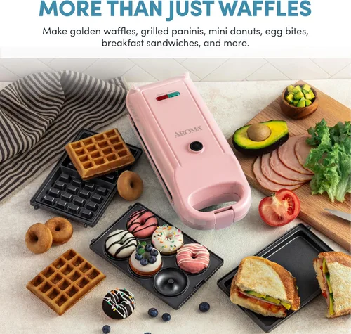 Miniatura 2 de AROMA® Máquina de gofres intercambiable y abatible con platos extraíbles: prensa Panini 3 en 1, mini máquina de donas y plancha para gofres Rosa
