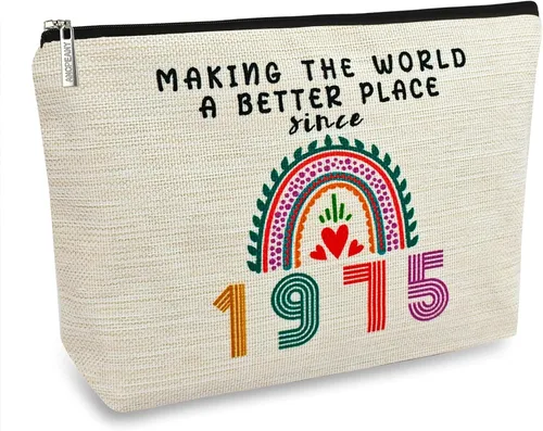 Regalos de cumpleaños número 50 para mujeres, bolsas de maquillaje pequeñas de lino lavado de doble cara impermeables para mamá, 1975 Rainhow,