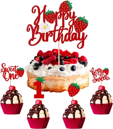 Miniatura 32 de Paquete de 24 adornos para cupcakes Sweet One con purpurina para primer cumpleaños, fresa, cupcakes, para frutas, baby shower, primer cumpleaños