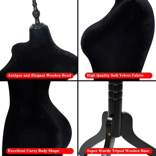 Miniatura 5 de Torso de maniquí femenino con curvas ajustables con soporte, forma de vestido pinable para ropa (negro, terciopelo)