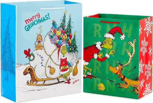 Miniatura 5 de Hallmark Bolsas de regalo de Navidad Grinch para niños (2 bolsas: 1 grande de 13 pulgadas, 1 extra grande de 15 pulgadas) Grinch con Max y trineo