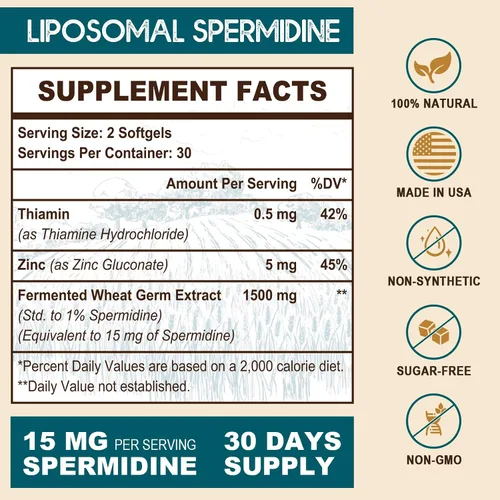Miniatura 2 de Suplemento de espermidina de 15 mg – 99% de pureza, alta absorción, 1500 mg de extracto de germen de trigo fermentado con zinc y tiamina