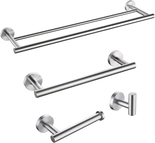 Miyili BS01N4 - Juego de accesorios de baño de 4 piezas, acero inoxidable cepillado, soporte para pared, incluye toallero doble, toallero de mano,