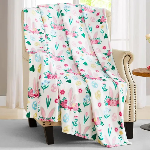 Miniatura 17 de Manta de forro polar suave para primavera de niñas y niños: bebés, pollitos, pájaros, flores en suave y acogedor amarillo, verde, rosa sobre fondo