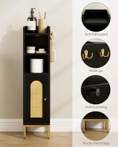 Miniatura 4 de Gabinete de Almacenamiento para Baño, Pequeño Mueble de Esquina de Piso con 2 Ganchos, Gabinete Estrecho para Papel Higiénico con Puerta de Ratán