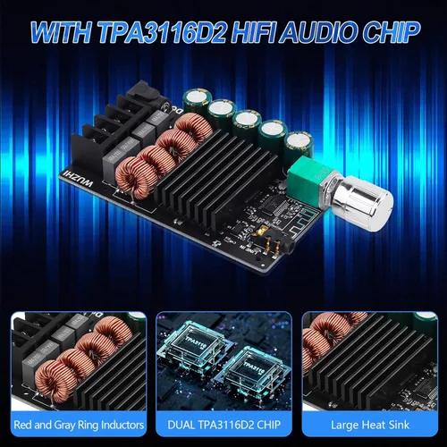 Miniatura 2 de ZK-1002 Placa de amplificador de audio Bluetooth 5.0, mini amplificador de potencia HiFi de 100 W x 2 de 2.0 canales con control de volumen, Negro4