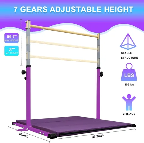 Miniatura 2 de Adjustable Gymnastics Bar for Kids with Mat - Sturdy Kip Bar with Rings, Horizontal Bar for Home Training, 3'-5' Height, Ages 3-15, 250 LBS