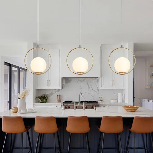 Miniatura 5 de KCO Moderna lámpara colgante de globo dorado con 1 luz individual de cristal blanco para isla de cocina, lámpara colgante ajustable de mediados