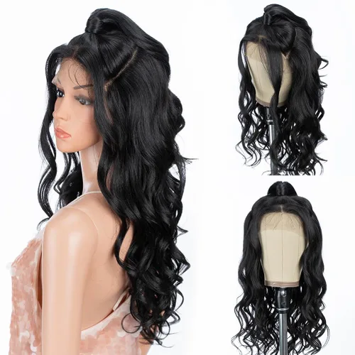 Miniatura 10 de Style Icon - Peluca de encaje frontal negra con parte libre, estilo U, de 24" de largo, ondulada con flequillo, sintética, resistente a altas 1