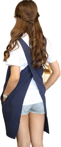 Delantal de algodón y lino estilo japonés con espalda cruzada, con dos bolsillos, estilo X Azul marino