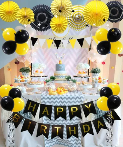 Miniatura 3 de Decoración de fiesta de color amarillo y negro – Cartel de feliz cumpleaños con globos, banderines triangulares, espirales colgantes, abanicos