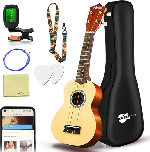 Miniatura 17 de Everjoys Paquete de ukelele soprano para principiantes de 21 pulgadas con clase en línea gratuita, bolsa de actuación, afinador digital, púas y paño