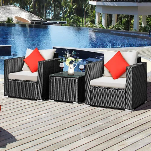Miniatura 5 de COSTWAY Juego de muebles de patio al aire libre de 3 piezas, sillones acolchados y mesa de centro de vidrio templado, juego de sofá de mimbre