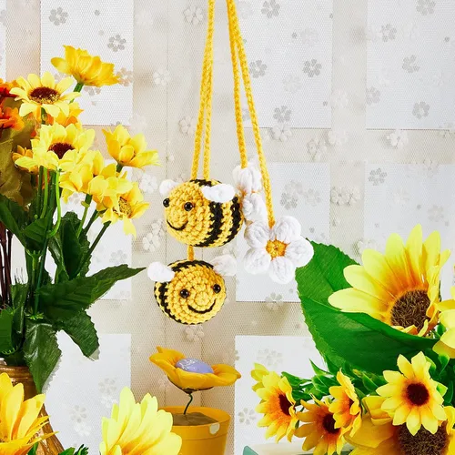 Miniatura 4 de 4 piezas de lindos accesorios para espejo retrovisor de abeja y flor, decoración de coche de ganchillo, accesorios para espejo de coche tejidos a