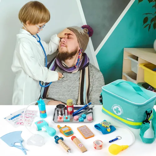 Miniatura 7 de Sundaymot Kit médico para niños, juego de simulación de 34 piezas para niños pequeños, kit de médico para niños pequeños de 3 a 5 años, con bolsa