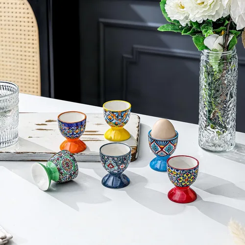 Miniatura 5 de HENXFEN LEAD Juego de 6 vasos de cerámica boho para huevos coloridos para huevos duros y suaves, aptos para microondas y lavavajillas, perfectos