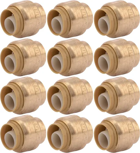 SharkBite Tapón de empuje de 1/2 pulgada, paquete de 12, accesorios de plomería de latón a presión para conectar, tubo PEX, cobre, CPVC, PE-RT,