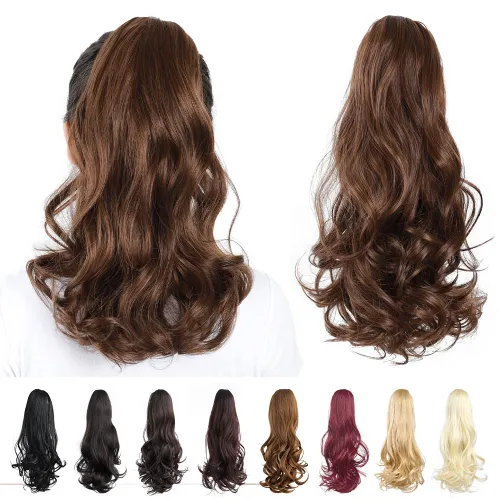 Miniatura 58 de Extensiones de cola de caballo, extensiones de cabello rizado con clip de garra de color marrón oscuro para mujer, peluca sintética de cola