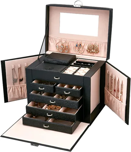 DREAM&GLAMOUR - Cajas de joyería grande, de piel sintética, organizador de joyas de piel sintética con espejo y cerradura. Caja de almacenamiento de